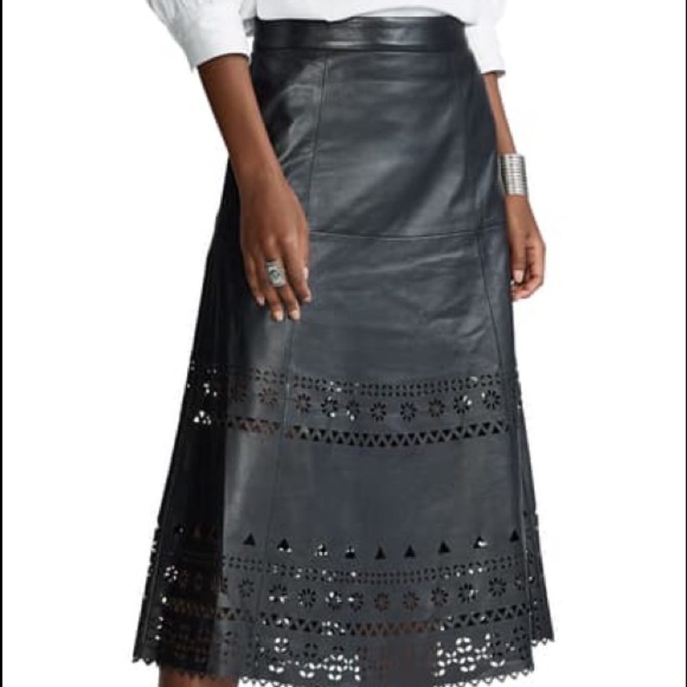 RALPH LAUREN Women’s
Perforated Lambskin A-line MIDI Skirt Grunge Black Size 0 - Picture 1 of 14